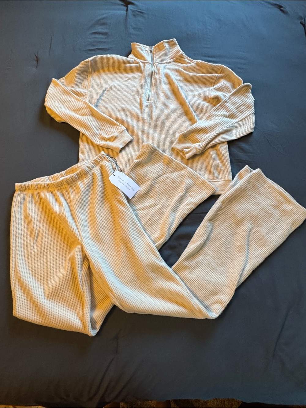 Women’s Beige Waffle Knit Lounge Set - Cozy Half-Zip Top & Elastic Waist Pants